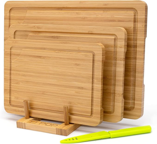 Bamboo Cutting Board For Kitchen, Bamboo Cutting Board Set of 3 with Juice Groove, Double-Sided Chopping Board Serving Board for Meat, Vegetables and Cheese