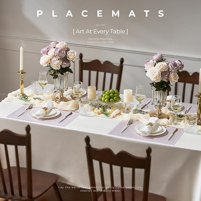 Leetaltree Sparkling Pale Lavender Sequin Woven Vinyl Placemats, Set of 12 - Waterproof & Washable Dining Table Mats for Wedding, Anniversary, Daily Use, Hand-Cut