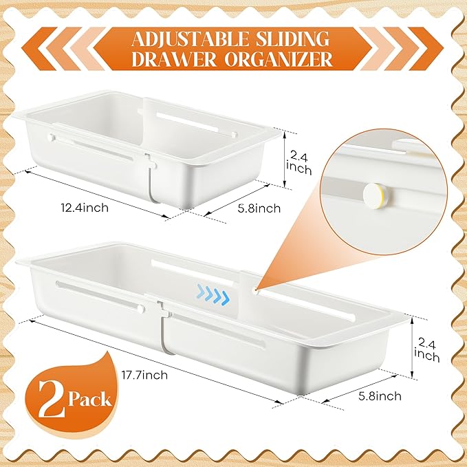 2 Pack Deep Drawer Organizer Bins, Sliding Drawer Organizer Bin Expandable and Adjustable Tray for Kitchen Utensils, BBQ Tools, Towels, Durable Plastic Sliding for Easy Storage(12.4-17.7")
