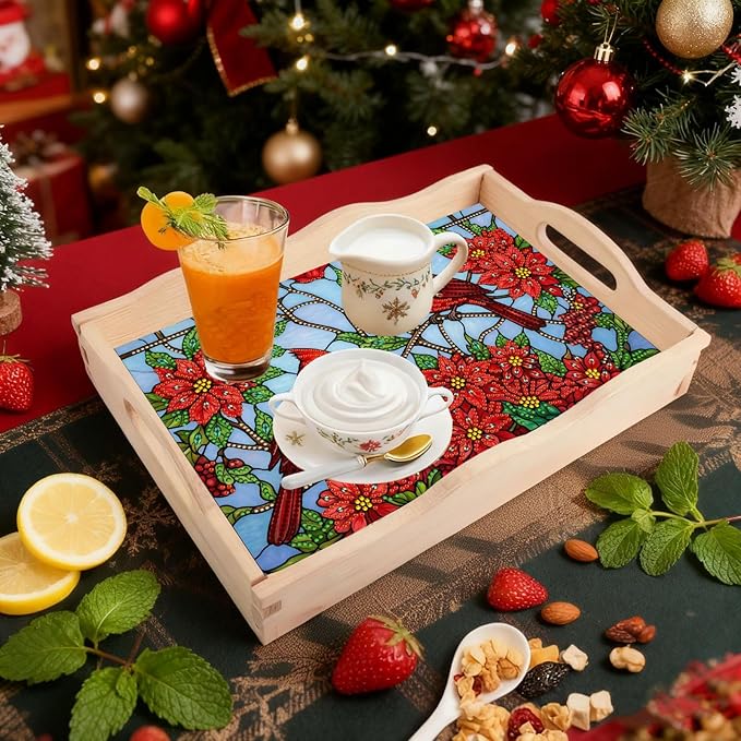 DIY Diamond Art Painting Serving Tray Creative Design Handmade Wooden Rectangular Snack Tray Dinner Plate Drill Craft for Coffee Living Room Home Organizer-Cardinal03