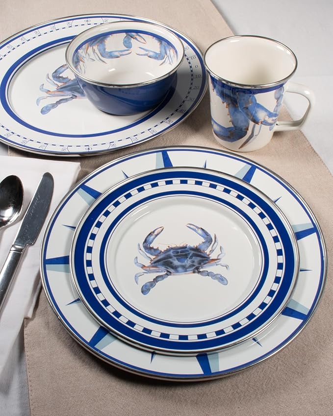 Golden Rabbit Enamelware Latte Coffee or Tea Mugs, 16 ounce, Blue Crab, Set of 4