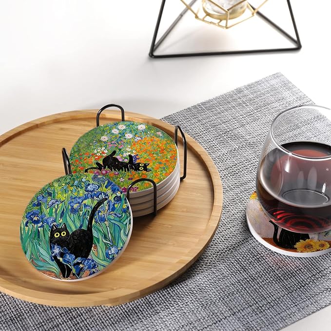 Drink Absorbent Coasters with Holder Set of 6, Ceramic Stone with Cork Base, Cute Black Cat and Art Design Coaster for Drinks, Gift for Housewarming Room Bar Home Decor Kitchen