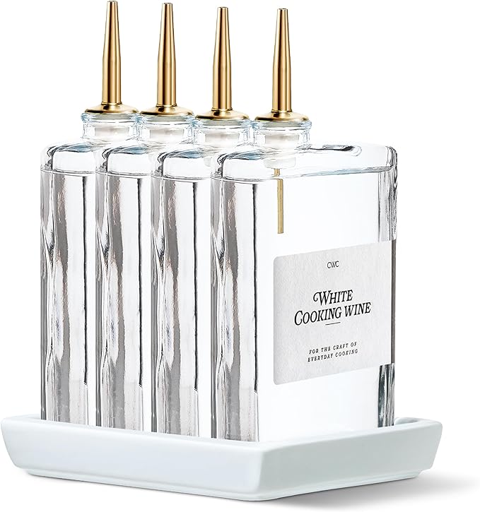 COOK WITH COLOR Olive Oil Dispenser Bottle - 4 Pk Glass Oil Dispenser for Kitchen - Condiment, Coffee Syrup & Vinegar Dispenser, Olive Oil Cruet, Includes 8 Auto Pourer Spouts