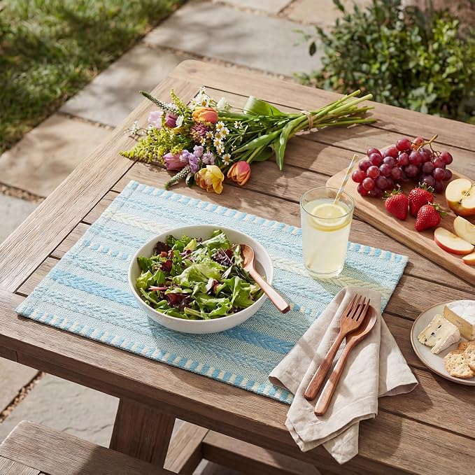 Artoid Mode Sky Blue Farmhouse Woven Braided Stripe Placemats Set of 6,12x18 Inch Seasonal Holiday Table Mats Party Kitchen Dining Decoration