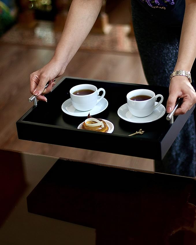 JollyCaper - Coffee Table Tray - with Gold and Silver Metal Handles for Serving, Home Decor, Bathroom, Ottoman Design, Wooden Tray 16x12in (Black)