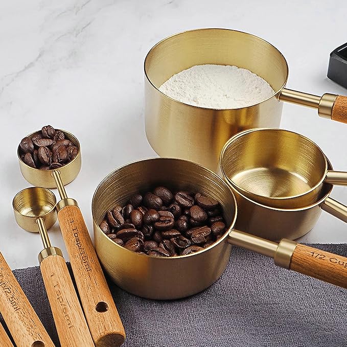 GuDoQi 8Pcs Gold Measuring Cups and Spoons Set, Wooden Handle, Premium Stainless Steel with Metric & US Measurements, Nesting for Dry/Liquid Kitchen/Food/Baking