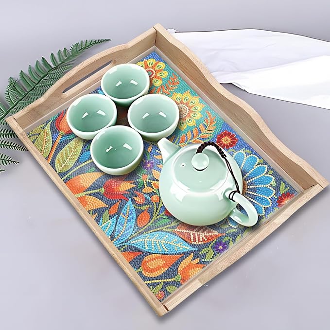 Generic DIY Diamond Serving Tray Rectangular Upgrade Increase Wooden Breakfast Tray with Handles Handmade Diamond Art Painting Dinner Plate for Coffee Living Room Home Organizer-Pattern03