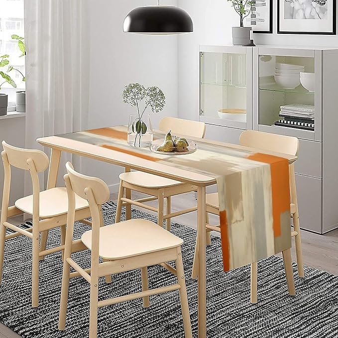 Orange Grey Table Runner Modern Abstract Art Vintage Brown Beige Burlap Table Dinner Runner for Farmhouse Cabin Coffee Kitchen Dining Holiday Party Home Decoration 13x90in