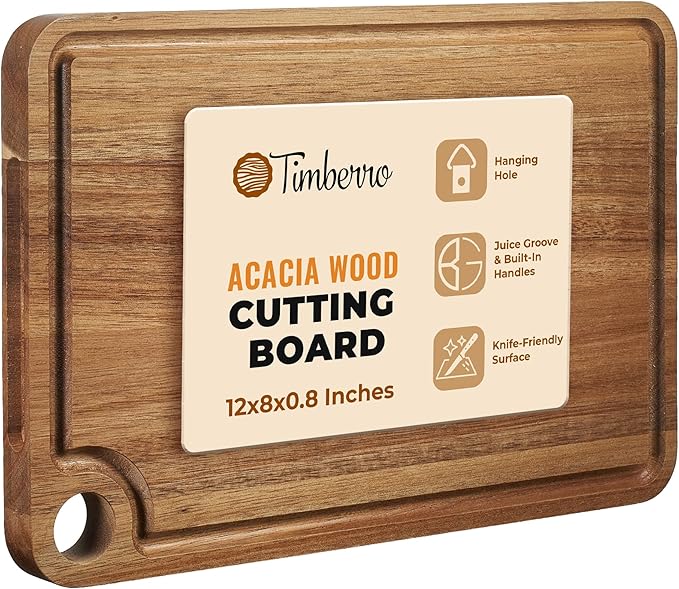 Acacia Wood Cutting Board (12x8x0.8 In.) - Small Wooden Boards with Handle and Juice Groove for Kitchen, Solid Mini Real Hardwood Hanging Chopping Boardsmith Butcher Block for BBQ
