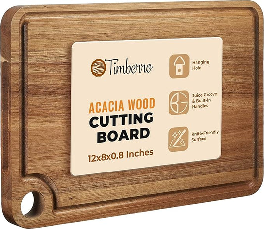 Acacia Wood Cutting Board (12x8x0.8 In.) - Small Wooden Boards with Handle and Juice Groove for Kitchen, Solid Mini Real Hardwood Hanging Chopping Boardsmith Butcher Block for BBQ
