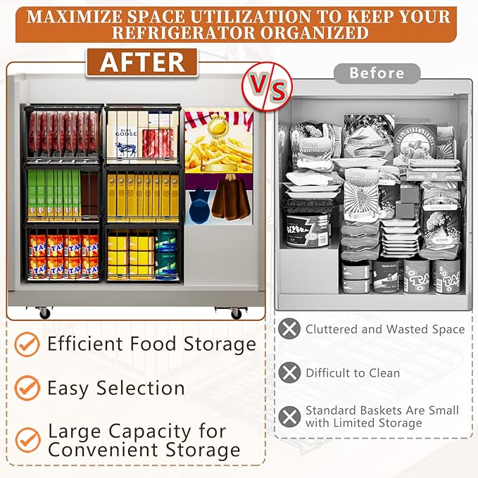 Large Freezer Organizer Bins, Upgrade One-Touch Open/Close, for 5-9 Cu.Ft Deep Freezer, 3 Pack Stackable Deep Freezer Organizer Bins, Black Wire Foldable Baskets (Black 3 Pack)