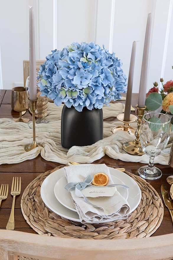 Briful Blue Hydrangea Artificial Flowers in Ceramic Vase, Black Vase Farmhouse Centerpieces for Tables, Dining Table Vase with Fake Flowers for Home Decor Indoor Kitchen Living Room