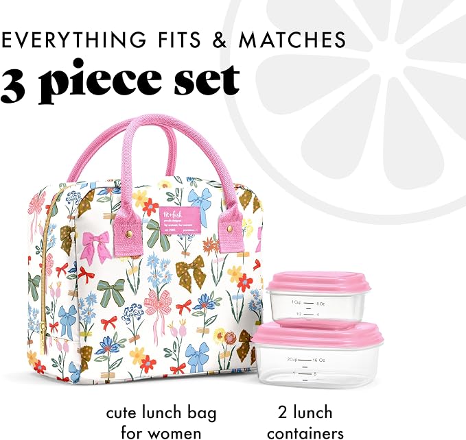 Fit & Fresh Bloomington Lunch Bag for Women - Insulated Large Lunch Box for Work with Containers, Leak-Resistant, Stain-Resistant, Zipper Closure, Color Bows & Flowers
