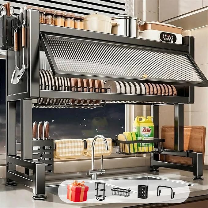 Over the Sink Dish Drainer Drying Rack, Dish Rack Over Sink, Piano Finish, Modern Dish Racks, for Dishes, Glasses, Bowls, and Cutlery