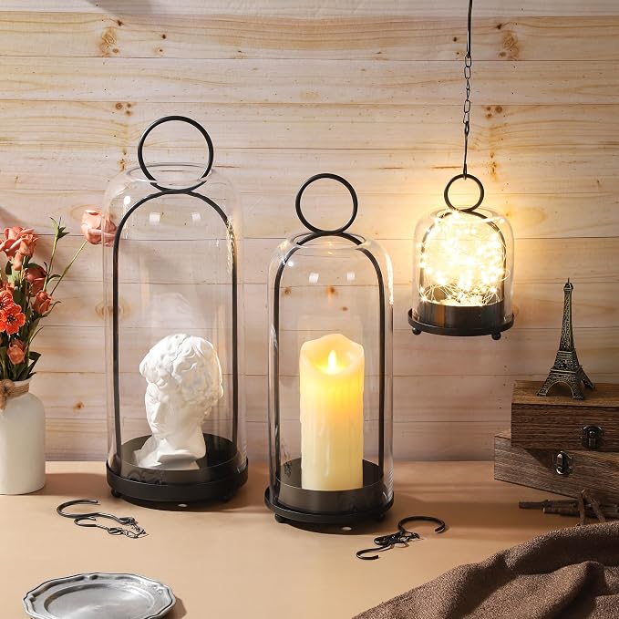 16" High Versatile Modern Metal Hurricane Lantern with Handmade Sturdy Glass Dome in Black for Pillar Candle & Plants, Industrial, Farmhouse, Shabby Chic (Black, 6.3:x16.5)