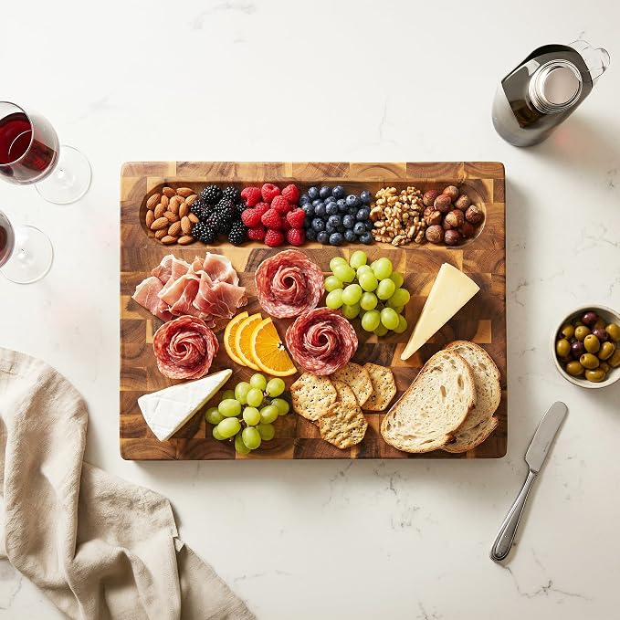 Koppen Acacia Wood End Grain Cutting Board, Knife-Friendly Butcher Block with Juice Groove, Inner Handles, Food Well, Reversible Heavy-Duty Serving & Chopping Board, Gift Box Included, 17 x 13 x 1.5in