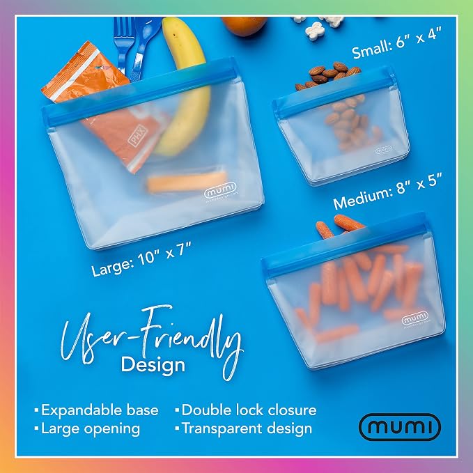 MUMI Piccolo Reusable Zip Up Bags – Set of 3 Silicone Ziplock Bag | Reusable Ziploc Bags for Food Storage, Freezer, & Snacks | BPA-Free Airtight Silicone Storage Bag for Travel & Meal Prep - Orange