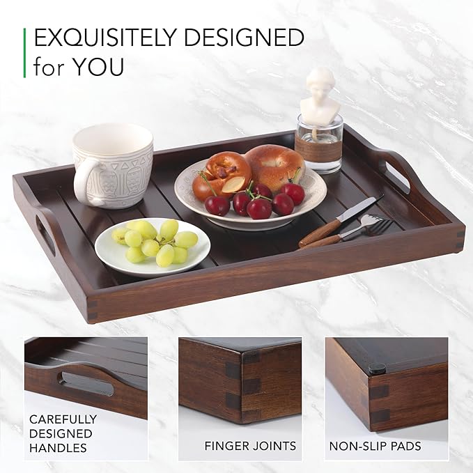 Large Acacia Wooden Serving Tray with Handles 20 x 14 inch Decorative Coffee Table Ottoman Tray for Living Room Extra Large for Kitchen Dinner Food Bar Breakfast in Bed (Dark Brown)