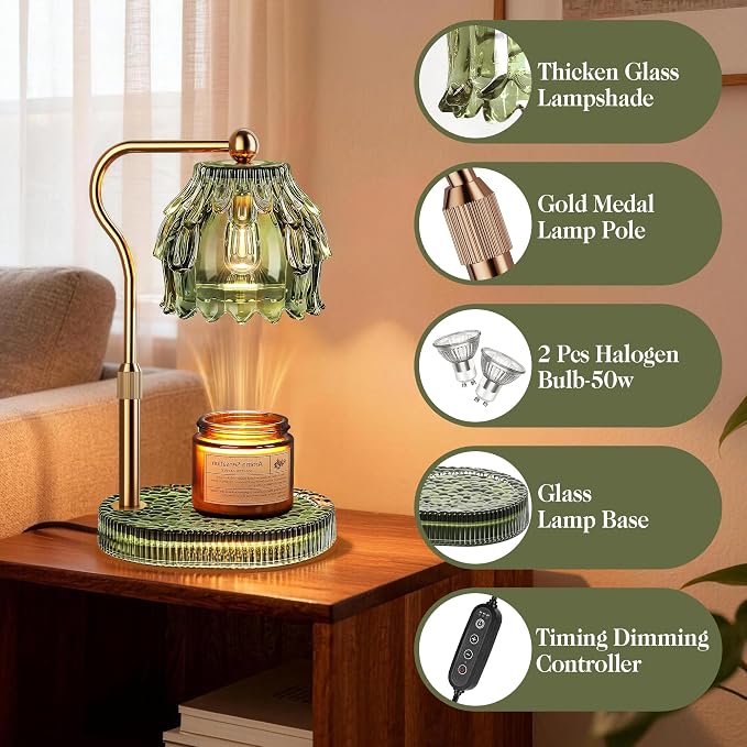 QiMH Candle Warmer Lamp with Timer Dimmer, Modern Wax Warmer for Scented Wax Jar Candle Warmer with 2 Bulbs, Adjustable Height Glass Lamp for Women, House Warming Gifts, Gold Green