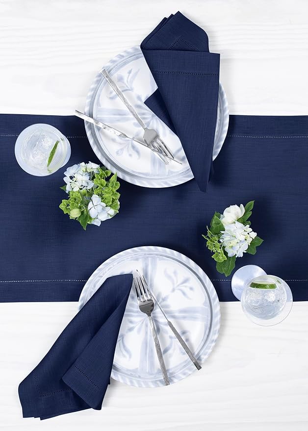 Solino Home Linen Navy Blue Table Runner 144 Inches Long - 100% Pure Linen Extra Long Table Runner 14 x 144 Inch for 4th of July - Classic Hemstitch