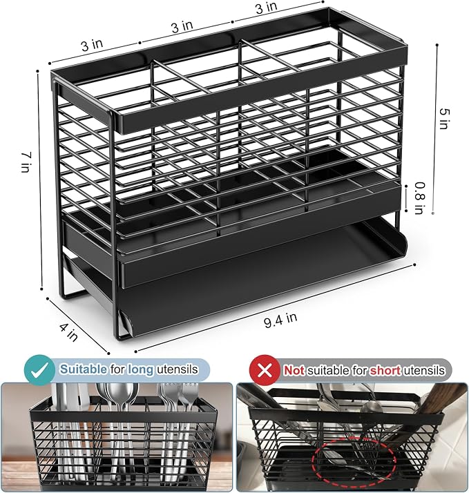Utensil Holder, Upgrade Stainless Steel Utensil Drying Rack with Automatic Drain Tray for Kitchen Counter, Silverware Cutlery Organizer for Spoons, Forks, Knifes, Chopsticks (Black)