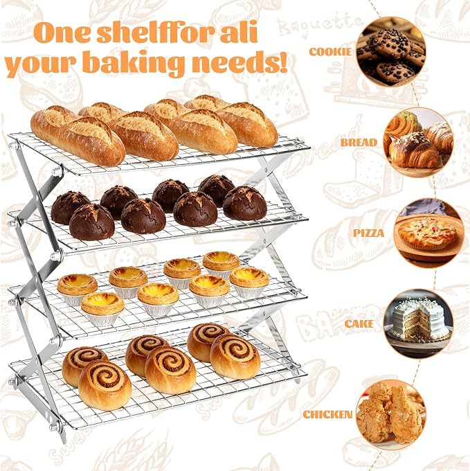 4 Tier Collapsible Cooling Rack for Cooking and Baking, Adjustable Foldable Baking Rack with 3 Height Settings, Heavy Duty Stainless Steel Wire Rack for Cookies, Bread, Cakes, Dishwasher Safe