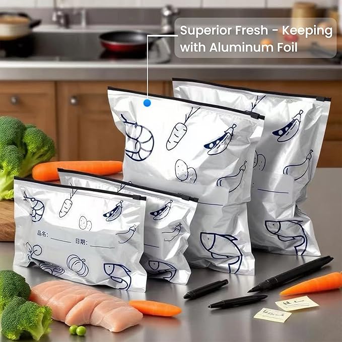 15Pcs Reusable Aluminum Foil Sealable Storage Bags, Seafood Meat Self-sealing Freezer Bags with a stand-up bottom design Freezer Safe & Leak Proof Sandwich Snack Bags for Lunch Travel