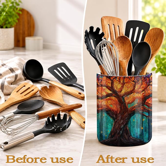 Tree of Life Kitchen Utensil Holder,Shining Brightly Large Ceramic Utensil Crock for Countertop,Cooking Utensil Organizer for Spatulas,Spoons