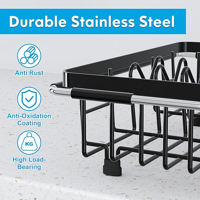 JASIWAY Expandable Stainless Steel Over The Sink Dish Drying Rack for Small Kitchen Counter Space Saving, Compact Black Plate Drainer Strainer, Adjustable Hanging Metal Dish Dryer with Utensil Holder