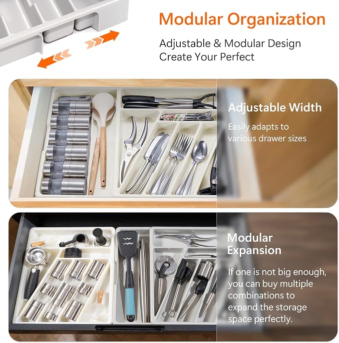 Li&Zhao Silverware Organizer - Expandable Kitchen Drawer Organizer Cutlery Drawer Organizer Flatware Organizer for Drawer Utensil Tray for Kitchen Plastic Silverware Holder for Spoons Knives Forks