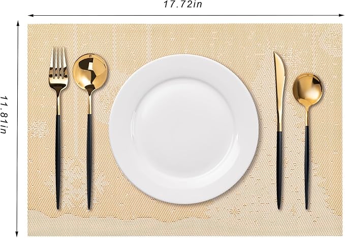 CADONO Placemats Set of 4 Washable Indoor/Outdoor Vinyl Place Mats for Dining Table Durable Non-Slip Heat Resistant PVC Weave Table Mats（Christmas Tree-Gold）