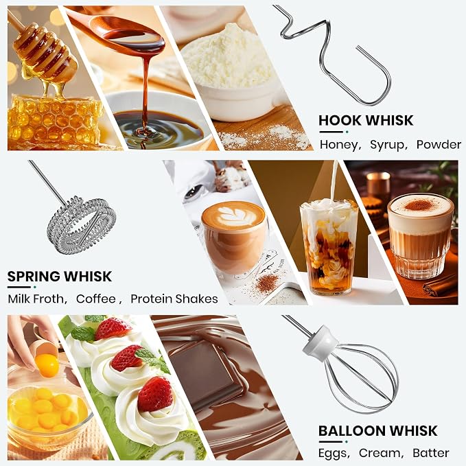 Colarlemo Milk Frother Handheld Rechargeable, Frother Wand Drink Mixer Electric Whisk for Coffee, Detachable With 3 Stainless Whisks, Hand Mixer for Lattes, Cappuccino, Matcha, Egg, No Stand, Beige