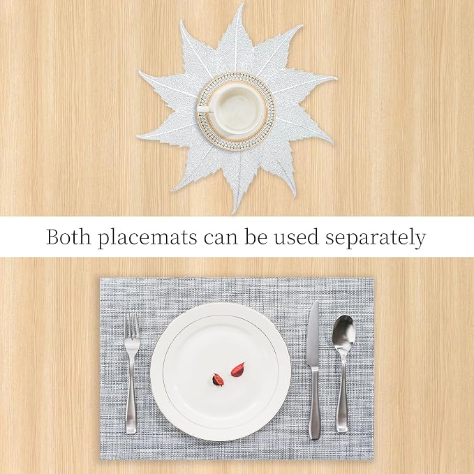 BACKTOEDEN Placemats Set of 4 Heat Resistant Washable Wipeable Placemats Woven Non-Slip Foldable Vinyl/Plastic Placemat Indoor/Outdoor Place Mats Kitchen Dining Table Mats, Silver Maple Leaf & Gray
