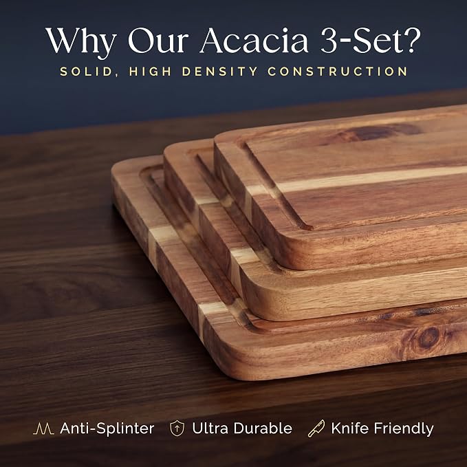 Pre-Oiled, Non Toxic 3-Piece Acacia Cutting Board Set with Stand, FSC Certified Wooden Chopping Boards, Includes 3.4 fl oz Chopping Board Oil, 3 Wood Carving Boards for Home, BBQ Kitchen, Deer & Oak
