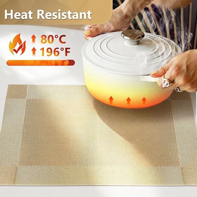 Placemats, Placemats Set of 6, Table Place Mats for Kitchen Dining, Heat-Resistant Anti-Skid Stain Washable PVC Table Mats, Easy to Cleaning Woven Vinyl Dinner Mats (Gold)