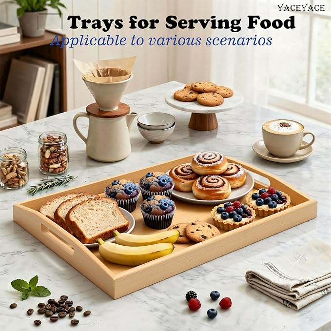 Serving Trays for Home Decor, 15.7"x11.4"x2" Medium Bamboo Serving Tray with Handle, Food Tray for Coffee Table, Ottoman, Breakfast, Dining