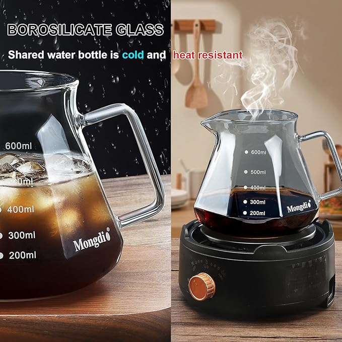 Mongdio Pour Over Coffee Maker, 20 oz High-Heat Borosilicate Glass Coffee Maker with 100pcs Paper Filters, Walnut Handle & Glass Lid, Drip Coffee Maker Set for Home Café Restaurant - 600ml, Gray