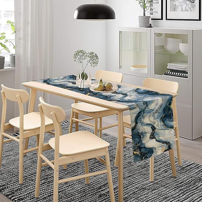 Marble Table Runner, Abstract Gold and Blue Black Modern Luxury Texture Pattern Printed Linen Table Runners for Kitchen Living Room Farmhouse Dining Room Party Home Decor 13" W x 72" L
