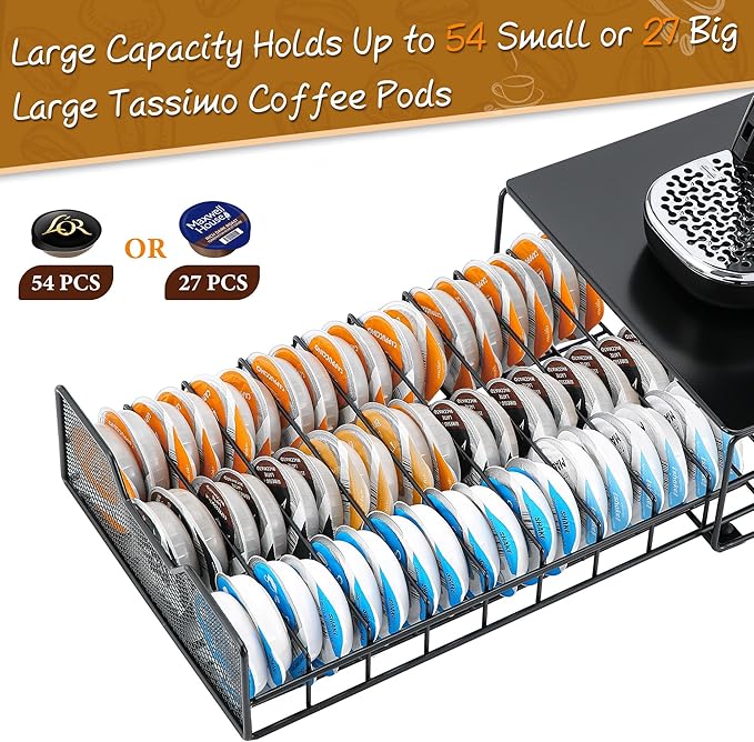 ROWISE Coffee Pods Holder for Tassimo Capsules, Coffee Storage Drawer Organizer Compatible with 54 Small or 27 Big Tassimo Pods, Matte Black Metal Design, Space-Saving, Easy Access and Organisation