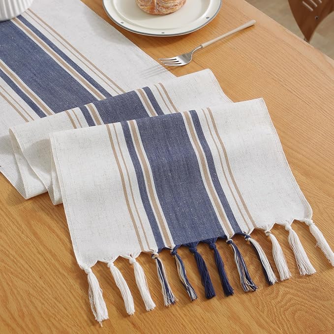 Niviy Blue Table Runner 48 Inches Long with Tassels, Seasonal Summer Washable Embroidered Striped Braided Blue and White Boho Table Runners for Holiday Party 12 x 48 Inches