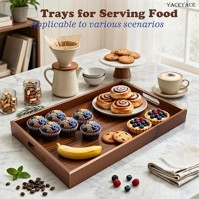 Wood Tray for Kitchen Counter, 12"x8"x1.5" Small Serving Tray with Handle for Ottoman, Coffee Table, Kitchen, Home Decor, Bathroom