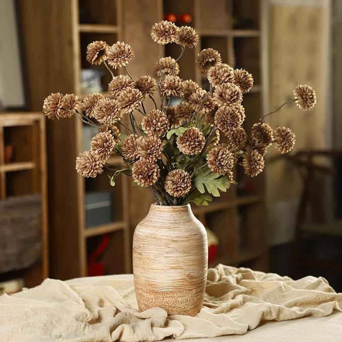 DuHouse 9pcs Artificial Flowers Faux Silk Pompon Mum,Silk Small Mini Chrysanthemum Ball with Stems for DIY Wedding Bouquets Centerpieces Vase Home Table Kitchen Decoration(Coffee)