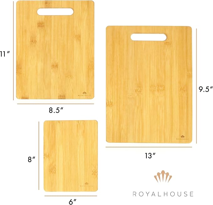 RoyalHouse Bamboo 3-Piece Cutting Board Set; 3 Assorted Sizes 13x9, 10.6x8.5, 8x6 of Bamboo Wood Cutting Boards for Kitchen