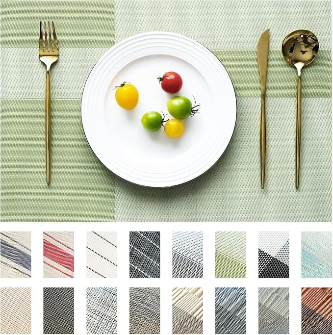 Placemats Set of 8 Vinyl/Plastic Woven Place Mats for Kitchen Table Indoor/Outdoor Washable Placemat Wipeable Dining Table Mats (Green Cube,8)