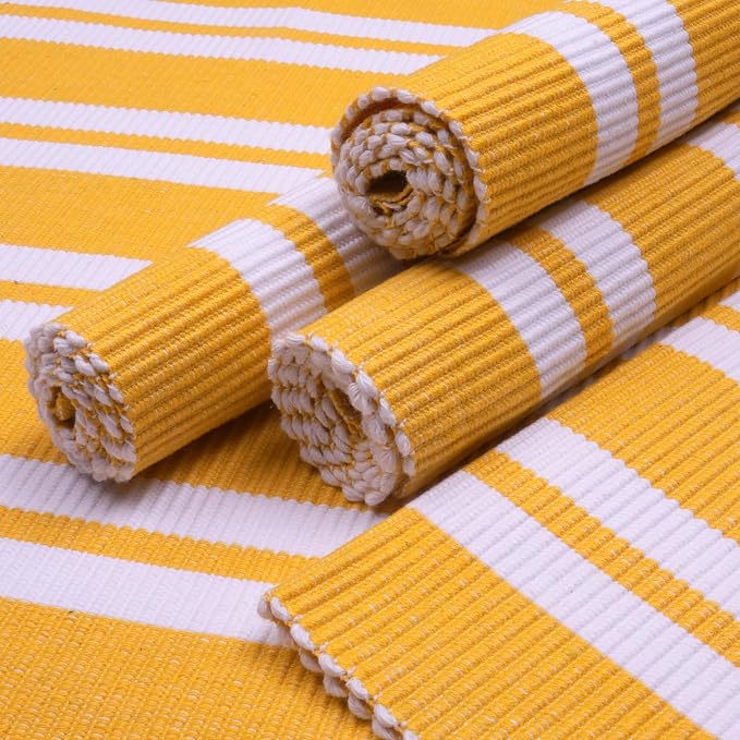 Encasa XO Dining Placemat Set of 6 | Franca Yellow Stripes Color | Fine Ribbed Cotton Table mat | Size 18x13 in | Machine Washable