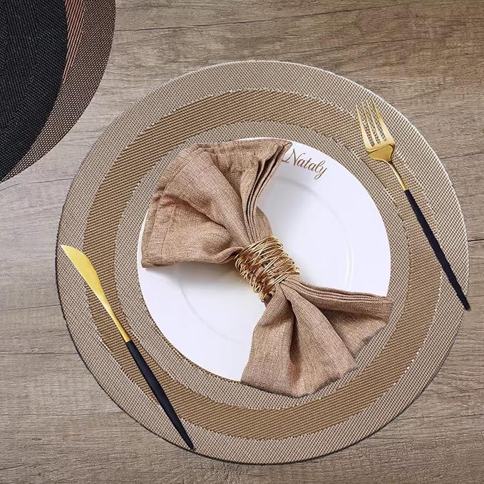 PIGCHCY Round Placemat Set of 8 Vinyl Washable Kitchen 15 inch Table Placemats for Wedding Holiday Party (Champagne)