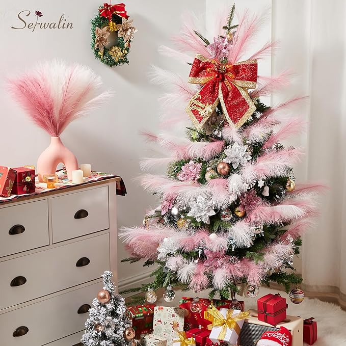 Serwalin 60 Pcs Pampas Grass, 17.7" Pink Pampas Grass Decor, Faux Pampas Grass Home Decoration Wall Decor Vase Filler for Wedding Centerpieces Party Decorations, Pink Valentines Decor