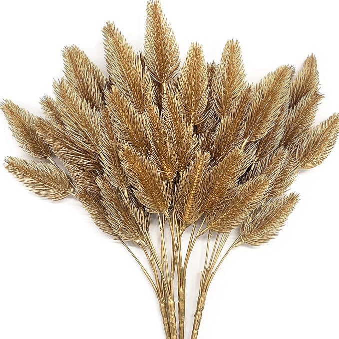 CATTREE Artificial Gold Plants Plastic Fake Grass Faux Shrubs Simulation Bushes Home Indoor Outdoor Garden Leaves Wedding Festival Decoration Hall Table Planter Filler – Golden Pine Cones 4 Pack