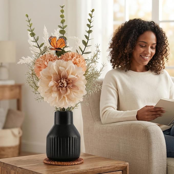 Small Fake Flowers in Vase 14"Centerpiece Table Decorations Silk Flowers Arrangements Ceramic Vase Dahlia Chrysanthemum Artificial Flowers Bouquet for Bathroom Dining Room Kitchen Wedding (Black)