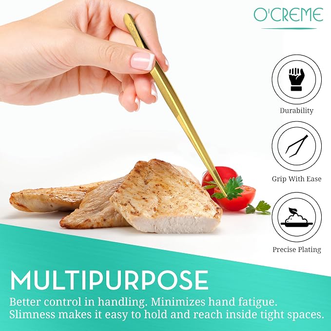 O'Creme 10 Inch Blue Precision Stainless Steel Kitchen Tweezer Tongs with Serrated Tips for Gripping